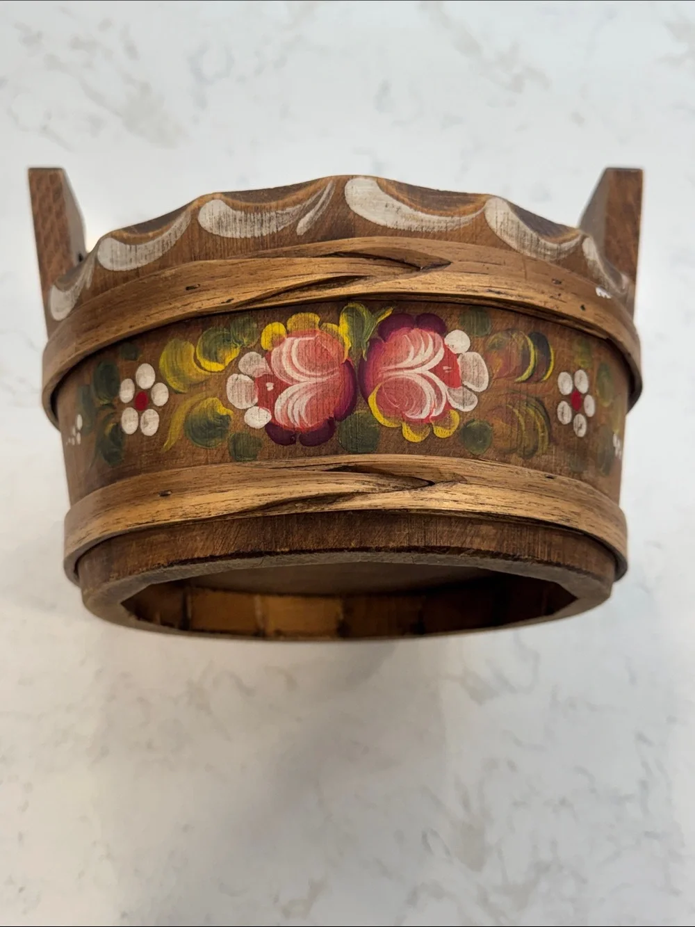 Rose Floral Vintage Wooden Decorative Bowl Wash Tube Tole Planter